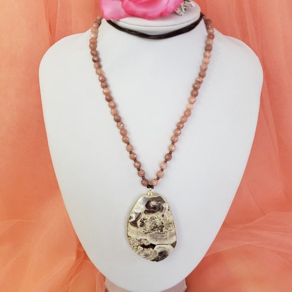 Large Gray & White Jasper Stone Pendant on Brown Cord Necklace Pink Agate Beads - Picture 8 of 12